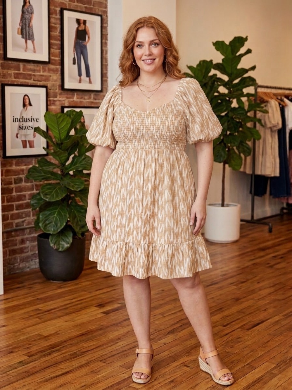 Maurices Beige Ikat Smocked Puff-Sleeve Mini Dress